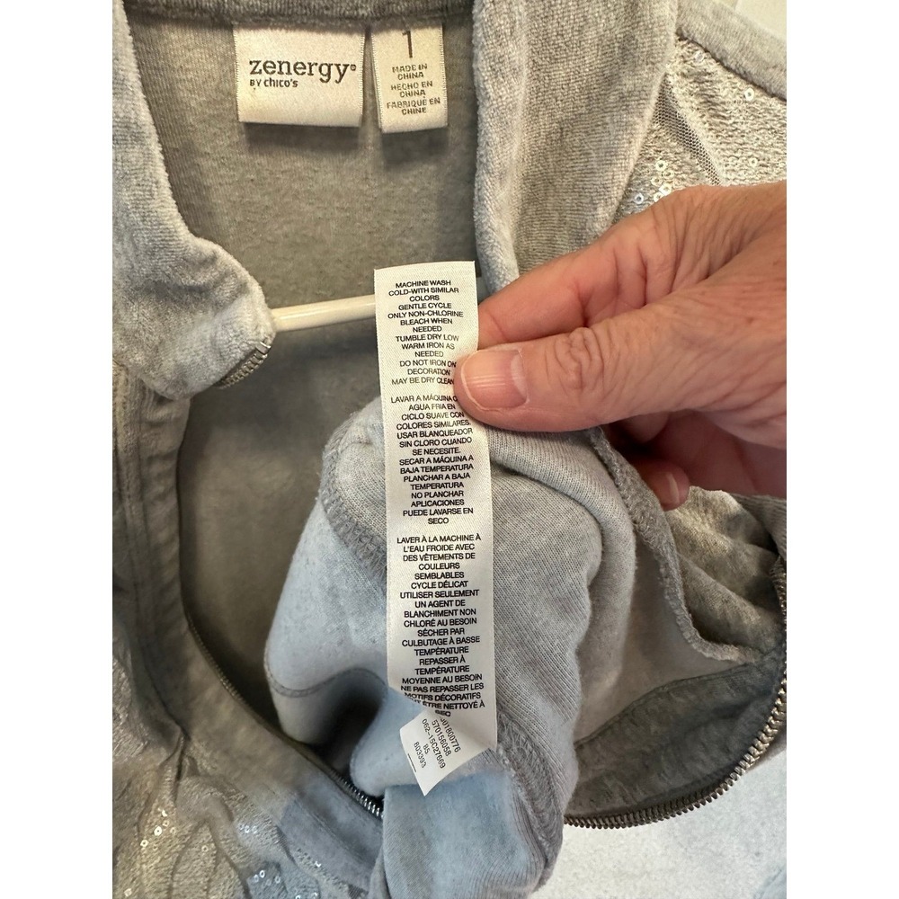 Zenergy by Chico's women's heather gray sequin velour zip front jacket SIze 1 - Picture 5 of 6